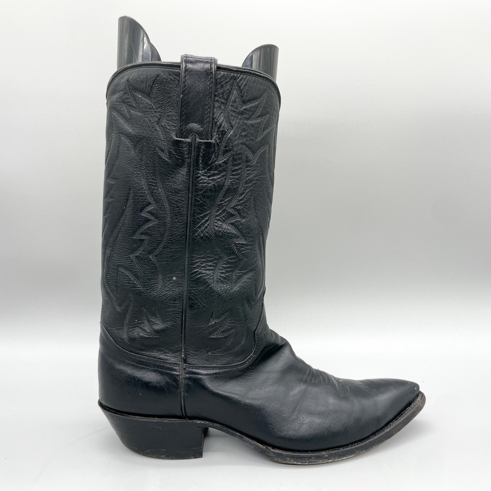 Justin Mens 10 D Black Leather Western Cowboy Boots Pointed Toe Retro VTG USA